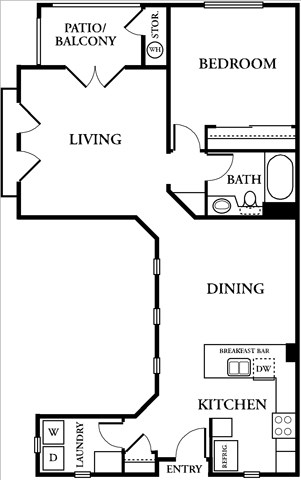Floor plan for 1 bed, 1 bath, 998 sqft